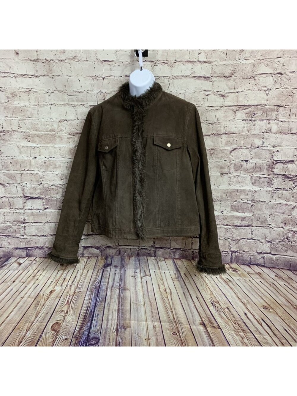 Coldwater Creek 100% Leather Brown Suede Faux Fur Trim Zipper Lined Jacket